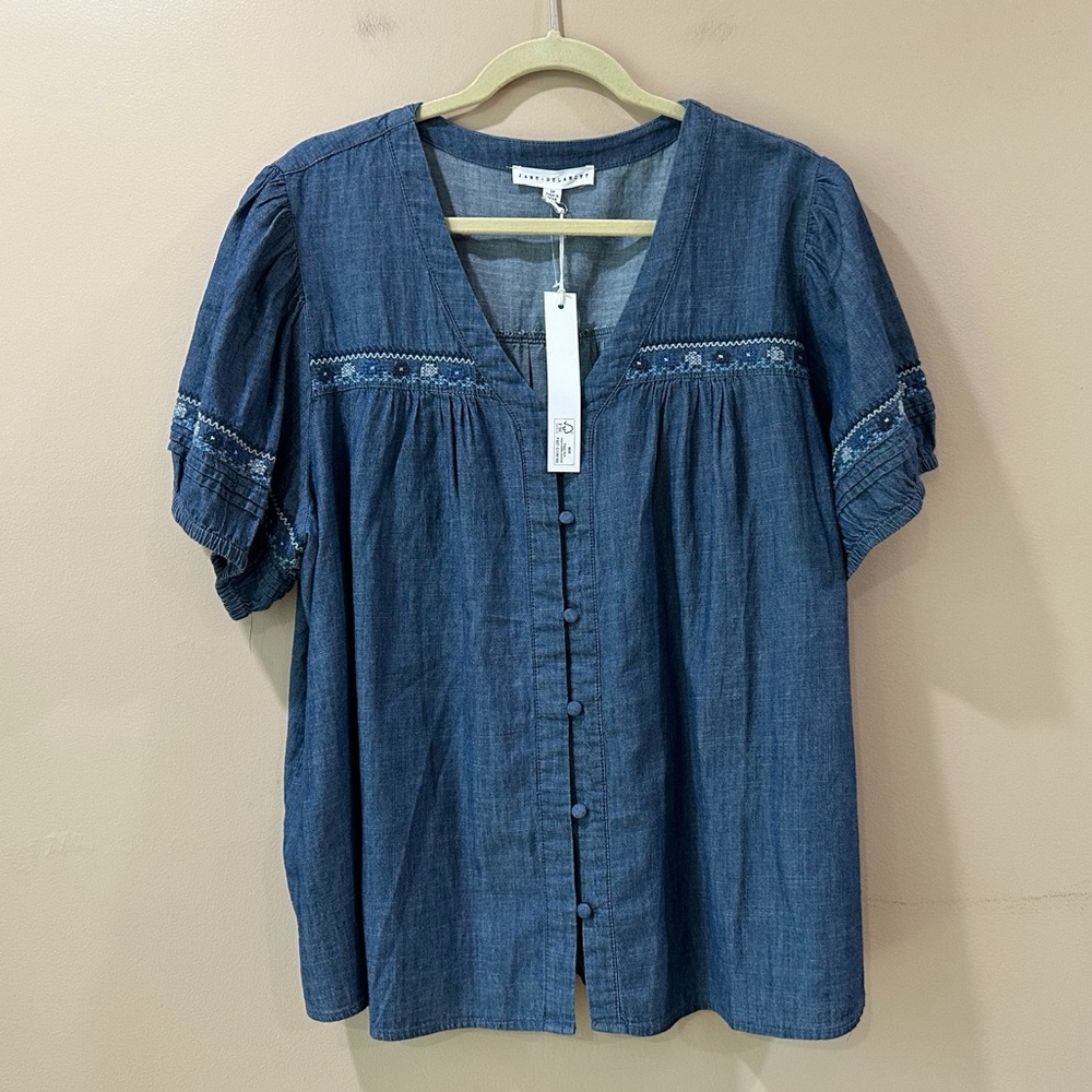 Jane Delancey Chambray Denim Blouse Top Womens 3X Embroidered Boho Puff Sleeve
